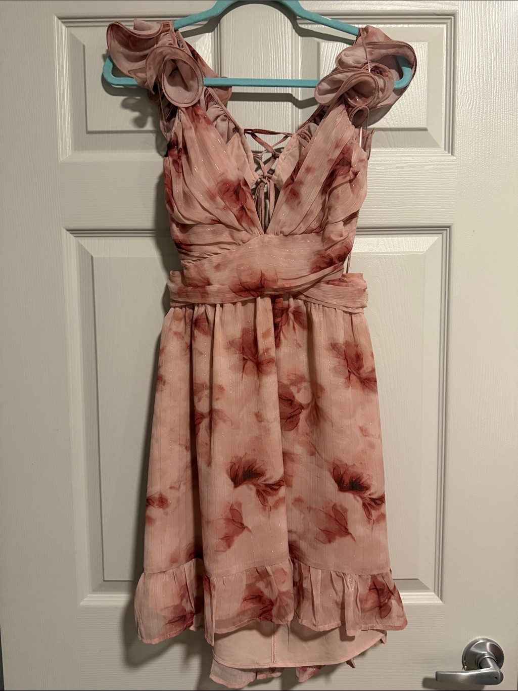Storia Blush Pink Floral Ruffle Mini Dress